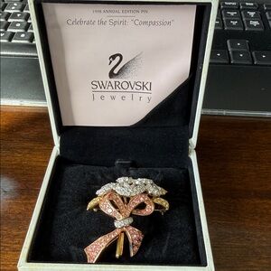 Swarovski Gold-Tone Pink and Clear Crystal Bow & Floral Brooch